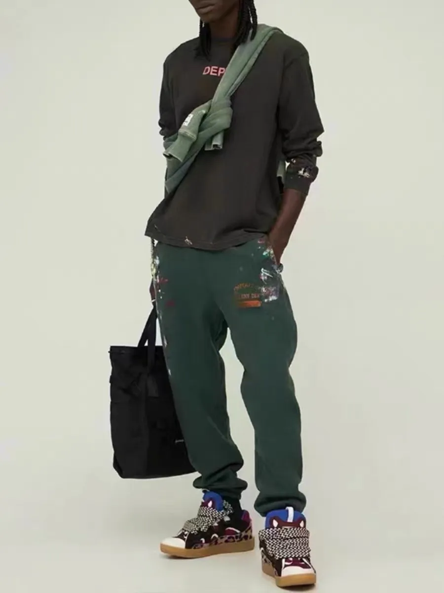 GALLERY DEPT. GD PROPERTY OF SWEATPANTS splashed ink, washed and distressed sweatpants, dark green S-XL, heavy wash and distressed, handmade acrylic splashed ink graffiti, perfect top restoration
